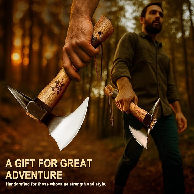 Grumpy Bear 11 Camping Hatchet Survival Axe with Sheath High Carbon Steel and Wood Handle Anti-Slip Grip – Ideal for Bushcraft Wood Splitting &amp Outdoor Adventures