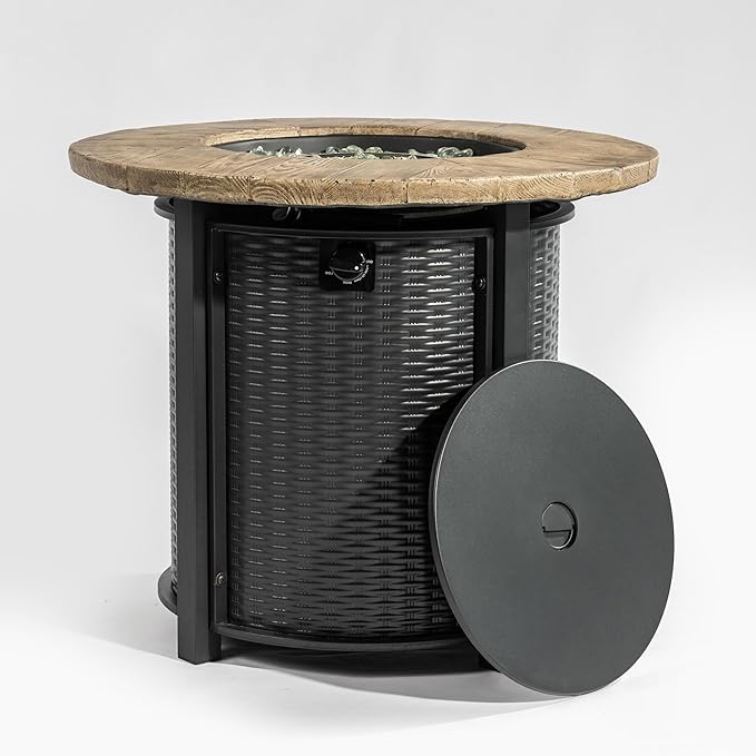 30'' Concrete Round Gas Fire Pit 50000 BTU Steel Outdoor Fire Tables Fire Table with Lid Add Warmth &amp Ambience to Gatherings and Parties On Patio Deck Garden Backyard.