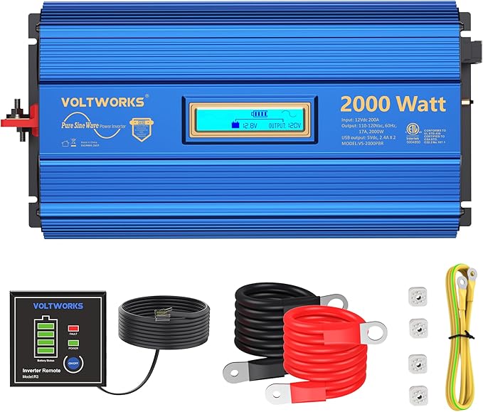 2000Watt Pure Sine Wave Power Inverter 12V DC to 110V 120V AC ETL UL458 Compatible with Lithium Battery Starlink for Off-Grid Solar RV Home Truck with 2.4A USB Ports &amp 1AC Terminal Block by VOLTWO