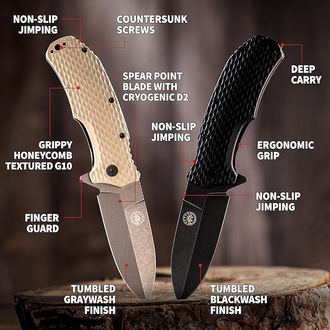 Off-Grid Knives - Rapid Fire Stinger Assisted Spear Point Blade Hard Use Build Tactical Camping &amp Survival EDC Cryo D2 Steel G10 Scales Deep Pocket Carry (Coyote)