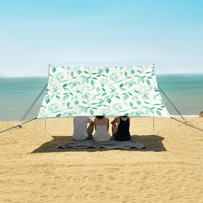 xigua Leaves Beach Tent Sun Shelter with Carrying Bag - Silver Coated Oxford Fabric Beach Canopy for Beach Camping Fishing - Includes Windproof Ropes Sandbags &amp Stakes