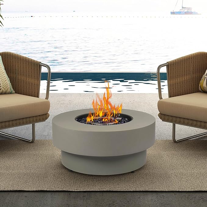Propane Outdoor Fire Pit Table Flint &amp Concrete Look 32-inch Round Patio Propane Fire Table 50000 BTU w/Lid Glass Rocks Cover Pre-Attached 10ft Hose