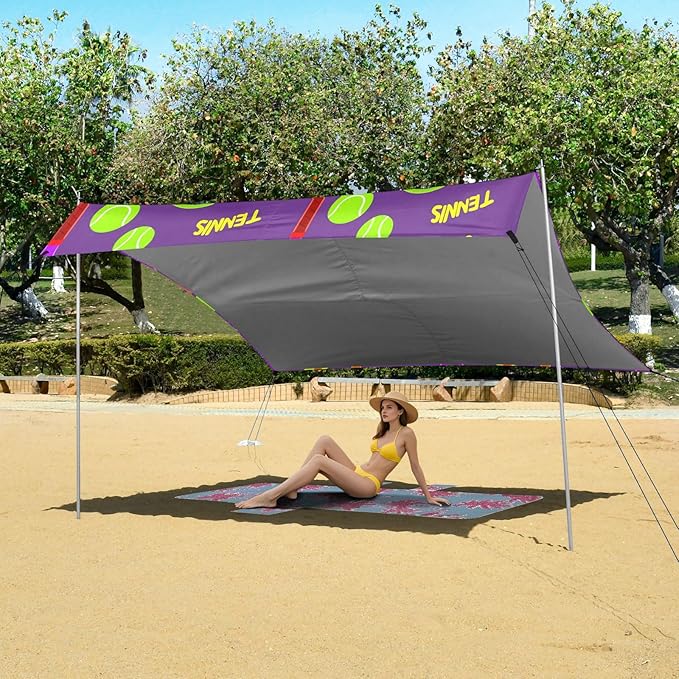 xigua Tennis Rackets Beach Tent Sun Shelter with Carrying Bag - Silver Coated Oxford Fabric Beach Canopy for Beach Camping Fishing - Includes Windproof Ropes Sandbags &amp Stakes