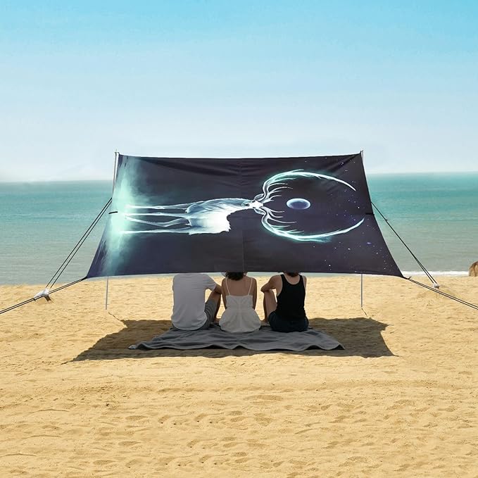 ALAZA Elf of Deer Elk Moon Beach Tent Sun Shelter UPF50+ Protection Beach Shade Canopy w/ 4 Sandbags for Outdoor Camping Fishing Backyard Fun Picnic 10x9 ft