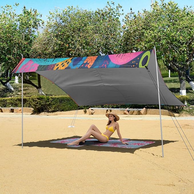 Artistic Eyes Beach Tent Sun Shelter Set UPF50+ UV Protection 10.5 x 9.19 FT Camping Shade Canopy with Sandbags Sand Anchors Carrying Bag and Others