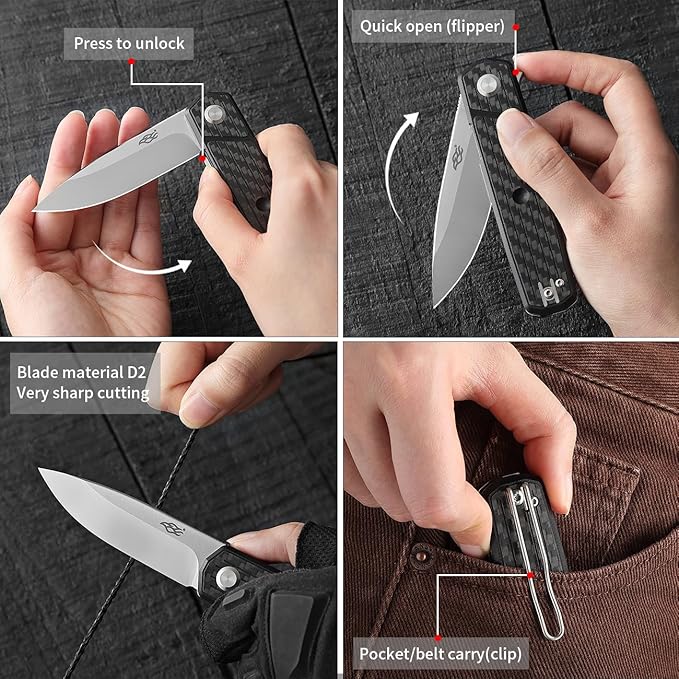 Firebird GANZO FH927 Sturdy Pocket Folding Knife D2 Steel Blade G10 Anti-Slip Handle with Clip Camping Hunting Fishing Outdoor EDC Utility Pocket Knife (Carbon Fiber)