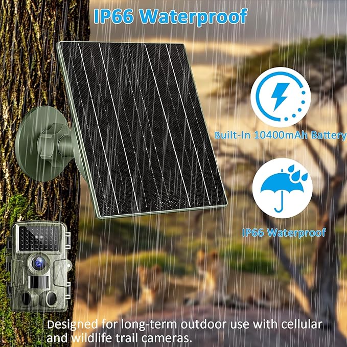 10W Solar Panel with 10400mAh Battery 6V/12V Adjustable Output for Trail Cameras USB-C &amp DC Plugs IP66 Waterproof 360° Adjustable Mount for Cellular &amp Wildlife Cameras