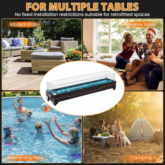 GRISUN 28 Table Top Propane Fire Pit 45000 BTU Tabletop Gas Fire Pit Tabletop Firepit for Patio Outdoor Portable Fireplace Rectangular Fire Bowl with Glass Wind Guard Glass Beads &amp Cover