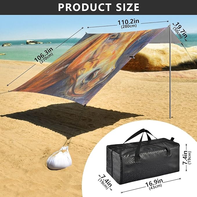 ALAZA Horse Head Crayon Drawing Beach Tent Sun Shelter UPF50+ Protection Beach Shade Canopy w/ 4 Sandbags for Outdoor Camping Fishing Backyard Fun Picnic 10x9 ft