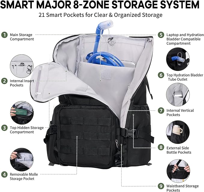 Timeet Tactical Backpack 45L for Men Military Backpack 3 Day Assault Pack with U-Shaped Wide Opening Water-Resistant Hiking Backpack for Travel Camping Survival Molle System (Black 20 Inch)