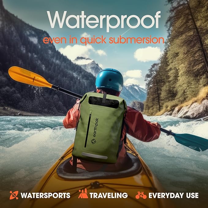 Earth Pak Waterproof Backpack - Heavy Duty Roll-Top Closure with Easy Access Front-Zippered Pocket and Cushioned Padded Back Panel for Comfort with IPX8 Waterproof Phone Case