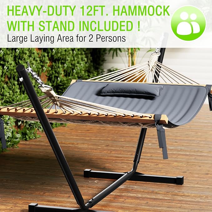 MUPATER 12FT Double Hammock with Stand Included 2 Person Hammock Outdoor Quilted Hammock with Stand Rope Hammock with Pad and Pillow hamacas para adultosGrey