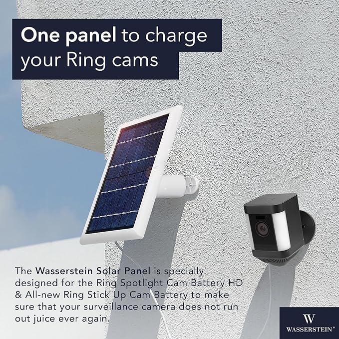 Wasserstein Solar Panel Compatible with Ring Spotlight Cam/Plus/Pro Battery Stick Up Cam/Pro &amp Outdoor Cam Plus Battery - Continuous Power for Ring Surveillance Camera (1-Pack White)