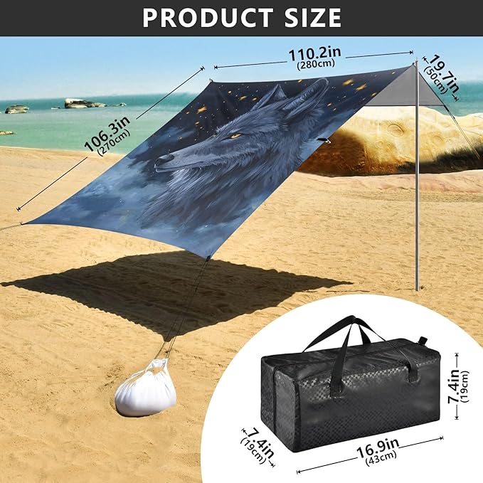 ALAZA Watercolor Starry Wolf Beach Tent Sun Shelter Portable Canopy Sunshade for Outdoor Camping Picnics Backyard Fun 10x9 ft
