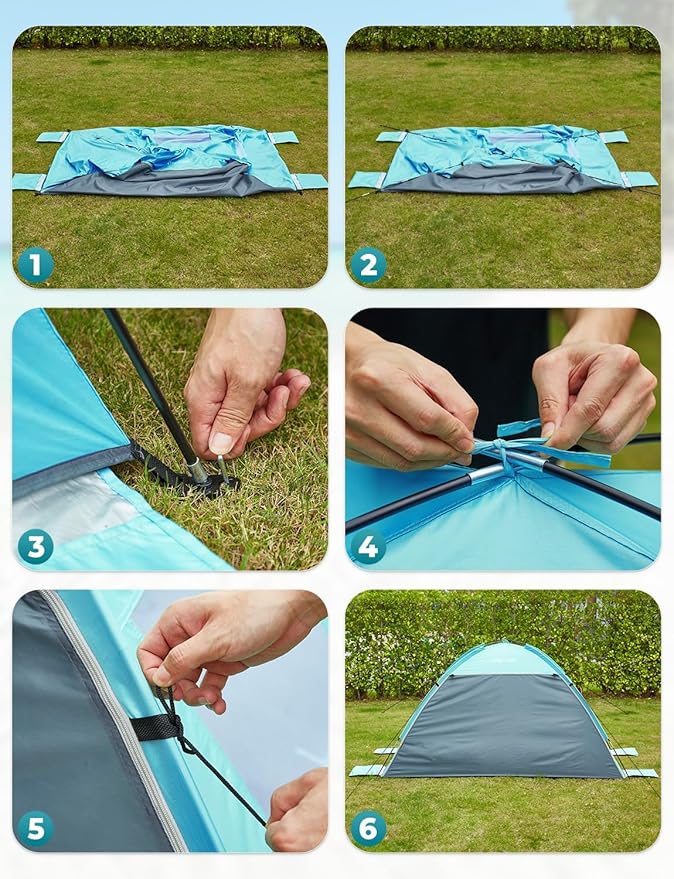 Glymnis Beach Tent Sun Shelter for 3 Person with UPF 50+ UV Protection Lightweight &amp Easy Setup Beach Shade Canopy with Vent Windows &amp Zippered Door - Blue