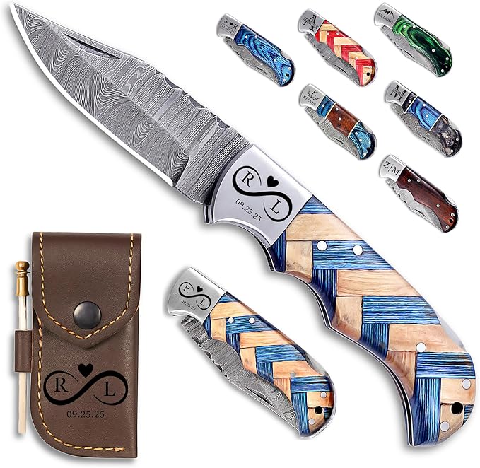 Custom Pocket Knife gifts for Men Personalized Damascus Folding Knife Engraved Gifts for Him Dad Boyfriend Husband Anniversary Groomsmen Gifts. Custom Knife for Camping Hunting Everyday Carry (