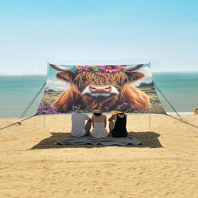 ALAZA Highland Cow Flower Beach Tent Sun Shelter Portable Canopy Sunshade for Outdoor Camping Picnics Backyard Fun 10x9 ft