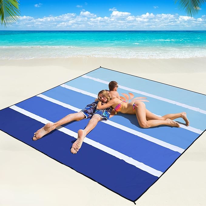 WIWIGO Beach Blanket Waterproof Sandproof Beach Mat 79 X 83/10'x9'for 2-8 Adults Quick Drying Outdoor Picnic Mat Beach Accessories for Travel Camping Hiking