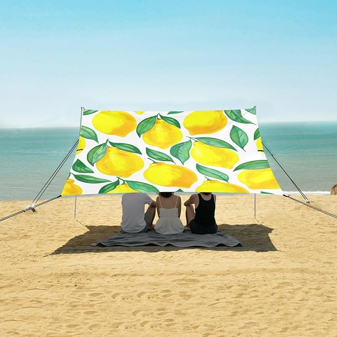 Beach Canopy with Windproof Ropes &amp Sandbags Beach Tent Sun Shade Sun Shelter for Camping Trips Fishing Backyard Fun or Picnics Lemons