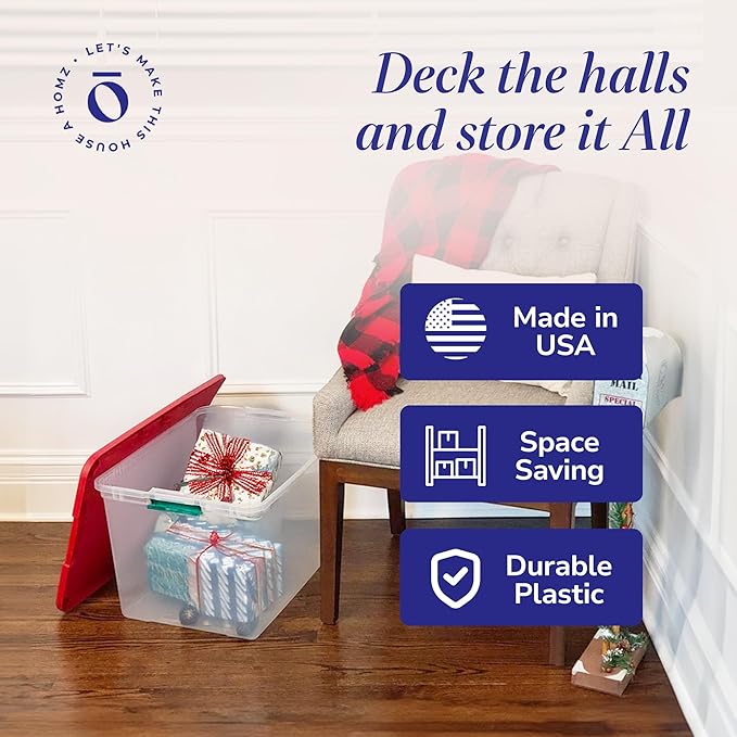 HOMZ 2 Pack Secure Latch Clear Plastic Storage Organizer Bins 64 Quart Red Lid - Stackable Container Boxes for Bedroom Bathroom Garage and Office Organization