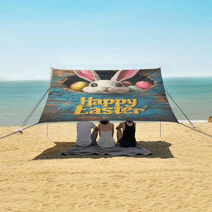 Happy Easter Bunny Beach Tent Sun Shelter Set UPF50+ UV Protection 10.5 x 9.19 FT Camping Shade Canopy with Sandbags Sand Anchors Carrying Bag and Others