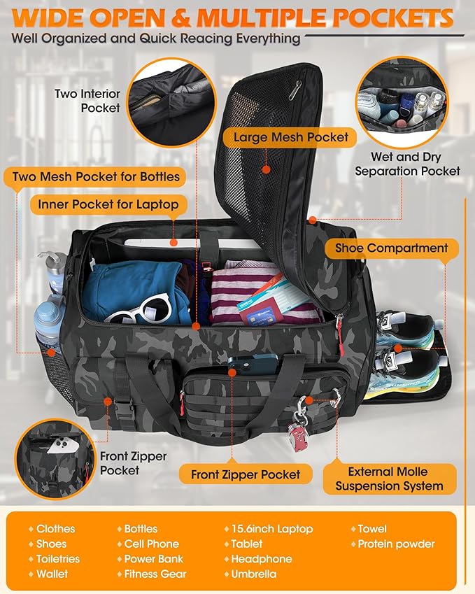 RAINSMORE Gym Bag for Men 45L Sports Travel Duffel Bag with Shoe &amp Laptop Compartment Gym Workout Backpack Carry On Weekender Bag Overnight Backpack for Travel Black Camo