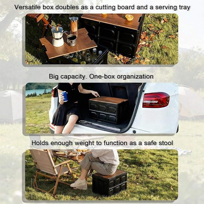 CTESNE【3-in-1 Wooden Lid 32L Storage Bins with Lids and HandlePortable Foldable Storage Box Plastic Stackable Storage Bins for Camp Car RV Office (Black)
