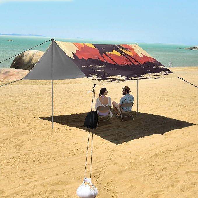 Cowboy at Sunset Beach Tent Sun Shelter Set UPF50+ UV Protection 10.5 x 9.19 FT Camping Shade Canopy with Sandbags Sand Anchors Carrying Bag and Others