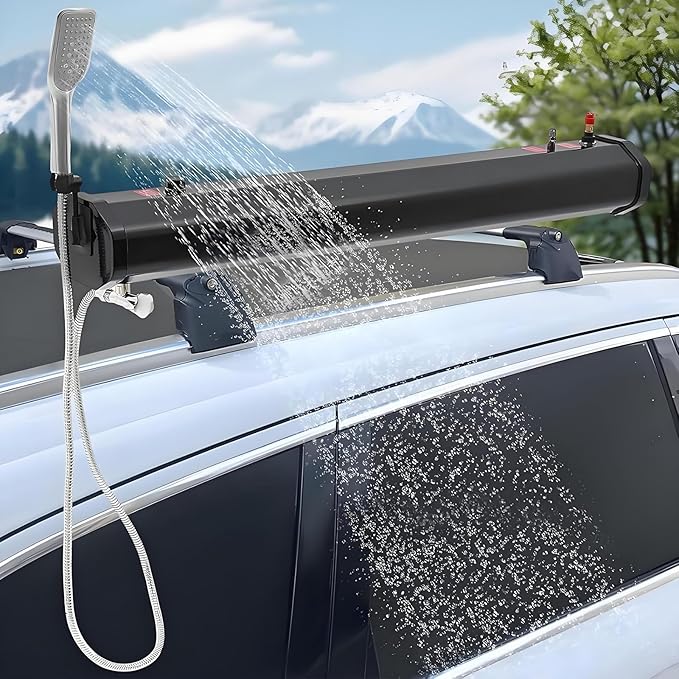 Upgraded Shower Solar Roof Rack Shower Pressurized Water Tank for Camping Outdoor Roof Rack Water Tank with 5.58ft Water Hose &amp Shower Head for Trucks Off Road Vehicles RV SUV(18L/4.76Gal)