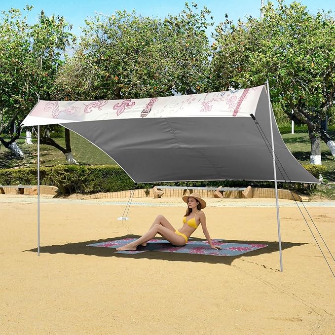 xigua Eiffel Tower Beach Tent Sun Shelter with Carrying Bag - Silver Coated Oxford Fabric Beach Canopy for Beach Camping Fishing - Includes Windproof Ropes Sandbags &amp Stakes