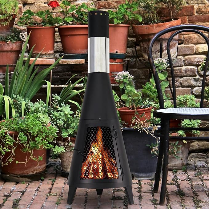 BDL Chiminea Outdoor Fireplace Outdoor Wood Burning Fire Pit Free Standing Fireplace with Log Grate Mesh Screen for Patio Backyard Garden-Black
