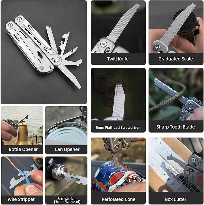 Multitools 20-in-1 Full-Size Lightweight EDC Multi-Purpose PliersWith Safety Locking Knife Tactical Gear Tools Men Gift Ideas Equipment for Emergencies Hiking and Outdoor Camping (Silver)