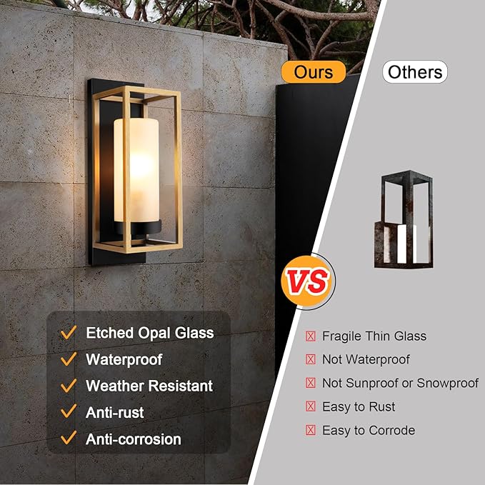 ALVIME Modern Outdoor Wall Light Brushed Gold &amp Matte Black Waterproof Enclosed Anti-Insect Wall Sconce E26 Etched Opal Glass for House Garage Door Living Room Bathroom