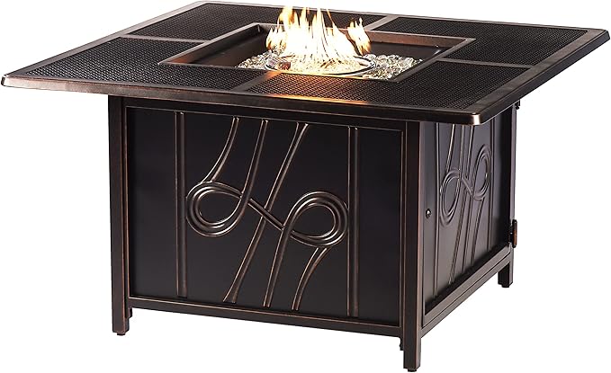 Oakland Living Aluminum 570000 BTU 42 in. Square Propane Black Fire Pit Table with Fire Beads Lid Propane Tank Cover and Table Fabric Covers in Copper FinishAZREGIS-FPT-AC