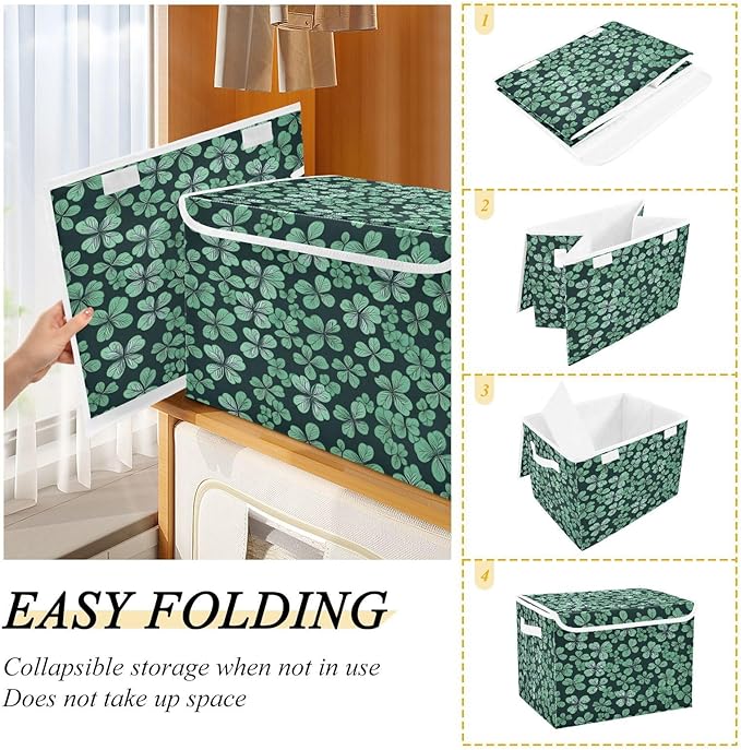 Shamrock Storage Baskets with Lids Collapsible Bins Stackable Fabric Linen Baskets St. Patrick's Day Closet Organizer Container 16.5x12.6x11.8
