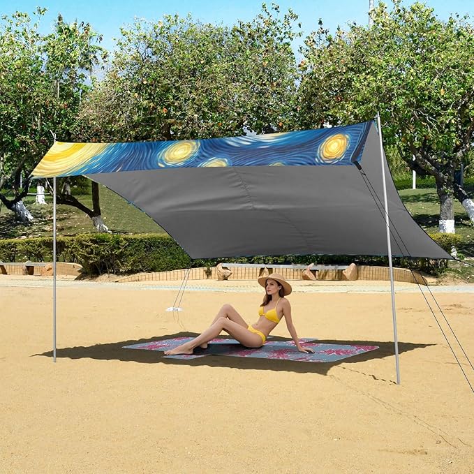 Starry Night Guitar Cat Beach Tent Sun Shelter Set UPF50+ UV Protection 10.5 x 9.19 FT Camping Shade Canopy with Sandbags Sand Anchors Carrying Bag and Others