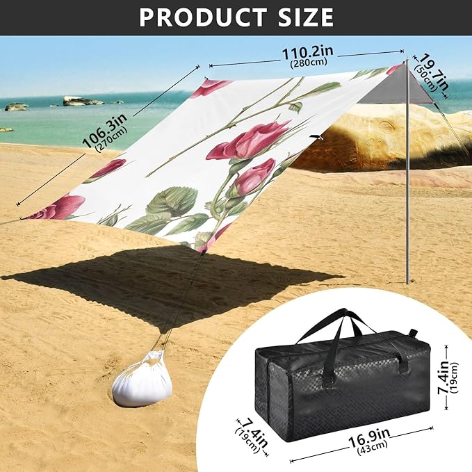 ALAZA Rose Vintage Spring Floral -Tile Beach Tent Sun Shelter Portable Canopy Sunshade for Outdoor Camping Picnics Backyard Fun 10x9 ft