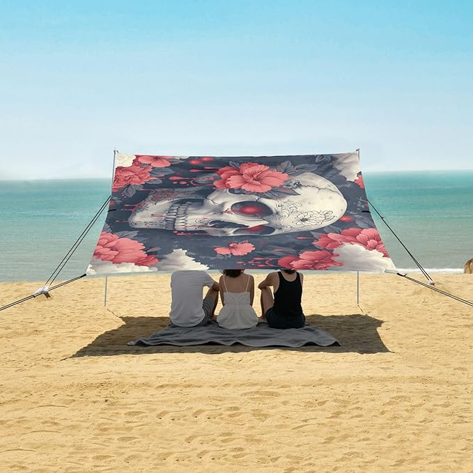 ALAZA Skull Flower Beach Tent Sun Shelter UPF50+ Protection Beach Shade Canopy w/ 4 Sandbags for Outdoor Camping Fishing Backyard Fun Picnic 10x9 ft