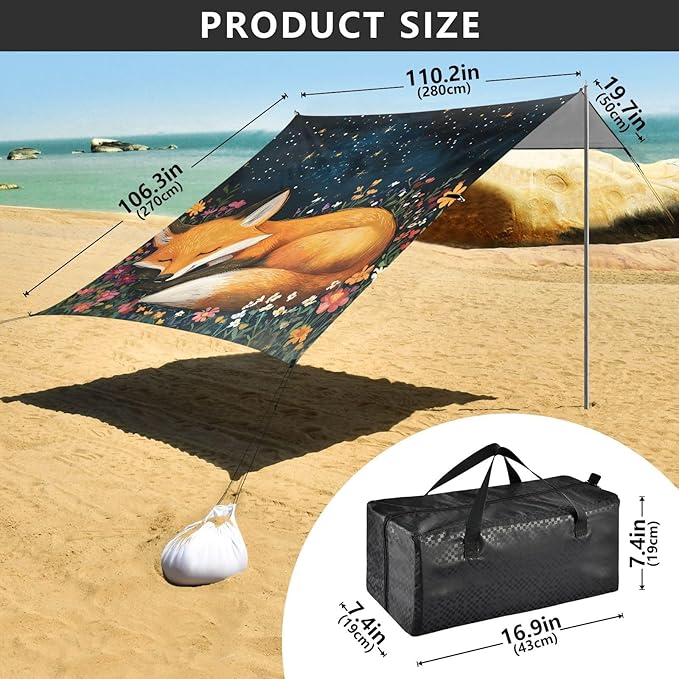 ALAZA Fox Sleeping Flowers Beach Tent Sun Shelter Portable Canopy Sunshade for Outdoor Camping Picnics Backyard Fun 10x9 ft