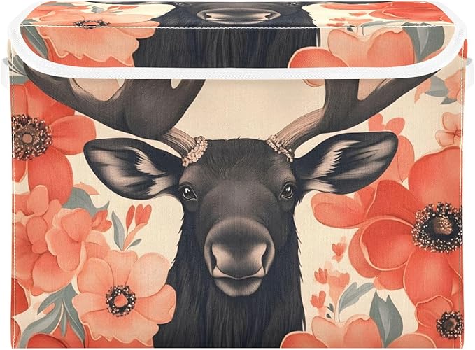 Storage Cube with Lid Floral Moose Print 16.5×12.6×11.8 IN Collapsible Large Capacity Foldable Storage Basket Bin Organizer