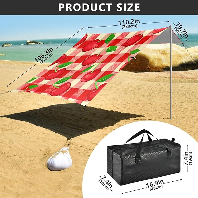 xigua Cherry Beach Tent Sun Shelter with Carrying Bag - Silver Coated Oxford Fabric Beach Canopy for Beach Camping Fishing - Includes Windproof Ropes Sandbags &amp Stakes