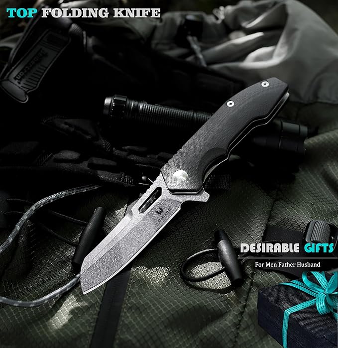Camping Folding Knife - S35VN Powder Steel G10 Handle Comfortable Grip - Great for Cutting Hunting Hiking Survival Father’s Day Gifts for Men Husband Dad. Include Sheath &amp Screwdriver