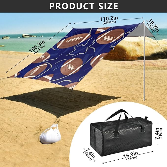 xigua Rugby Beach Tent Sun Shelter with Carrying Bag - Silver Coated Oxford Fabric Beach Canopy for Beach Camping Fishing - Includes Windproof Ropes Sandbags &amp Stakes