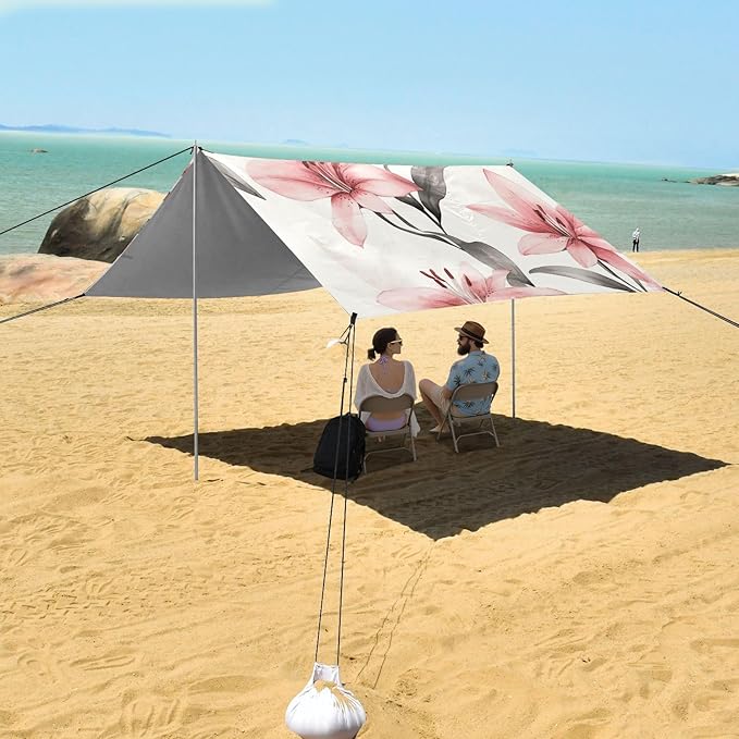 ALAZA Cute Chic Pink Lily Floral Flower Beach Tent Sun Shelter Portable Canopy Sunshade for Outdoor Camping Picnics Backyard Fun 10x9 ft