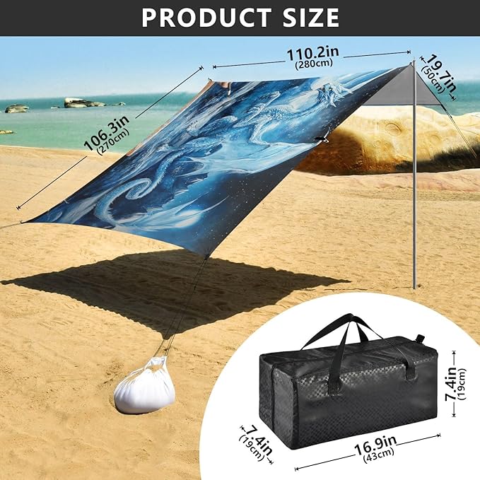 ALAZA Ice Dragon Magic Beach Tent Sun Shelter UPF50+ Protection Beach Shade Canopy w/ 4 Sandbags for Outdoor Camping Fishing Backyard Fun Picnic 10x9 ft