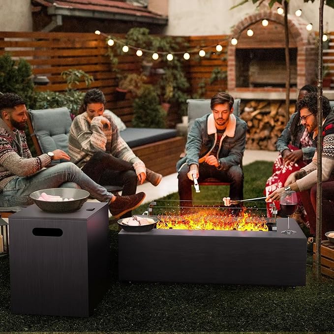 Fire Pit Table 50000 BTU 42 Rectangular Propane Fire Pit Outdoor with Wind Guard Glass Lid Rocks and Cover Gas Fireplace for Deck or Patio