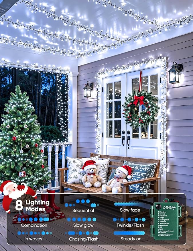 Minetom Christmas Cluster Battery Operated Outdoor Lights 4 Pack 10Ft 120 LED Firecracker String Waterproof Twinkle for Wreath Xmas Tree Decorations Cool White