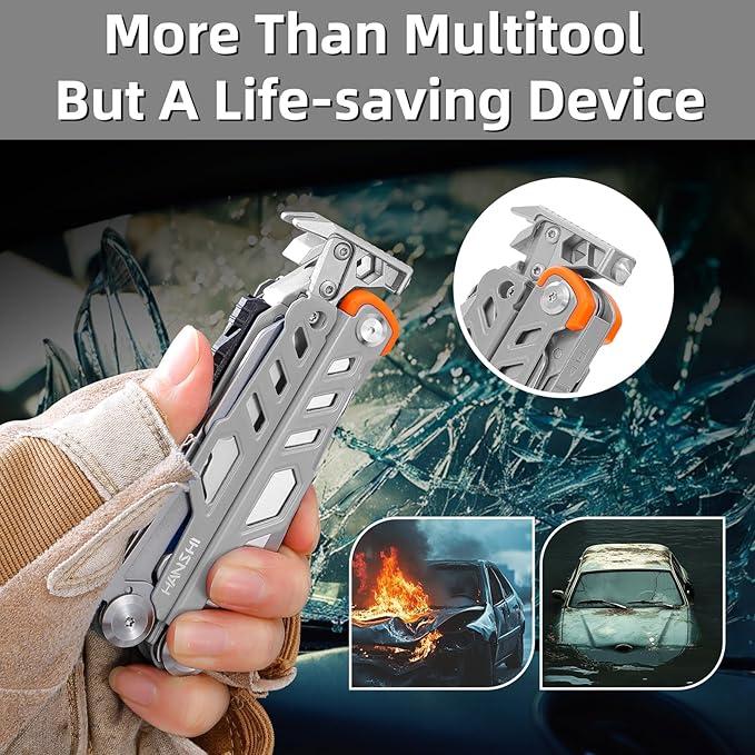 HANSHI Multitool Pliers 22-in-1 YG10 Tungsten Steel Multi Tool with ScissorsReplaceable Wire Cutters Flint Window Breaker Back ClipIdeal for Camping Survival and Gift(Silver)