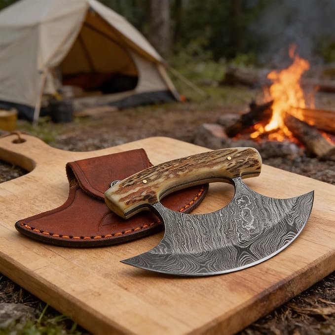 SANZ Damascus ULU Hunting Knife 5.5 Inch - Alaskan Camping Knife with Stag Handle Damascus Blade &amp Sheath - Outdoor Knife for Hunting Camping &amp Outdoor uses
