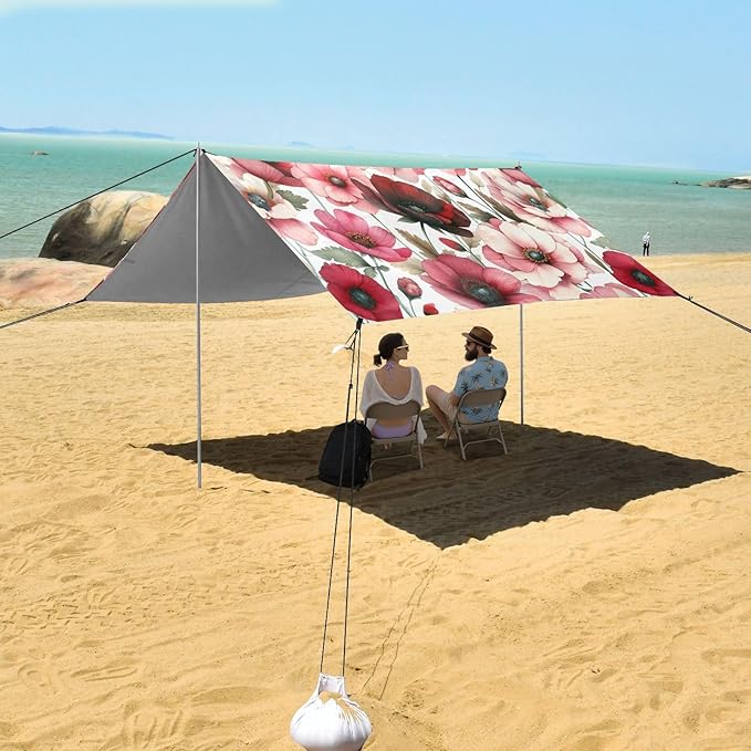 Red Pink Flowers Beach Tent Sun Shelter Set UPF50+ UV Protection 10.5 x 9.19 FT Camping Shade Canopy with Sandbags Sand Anchors Carrying Bag and Others